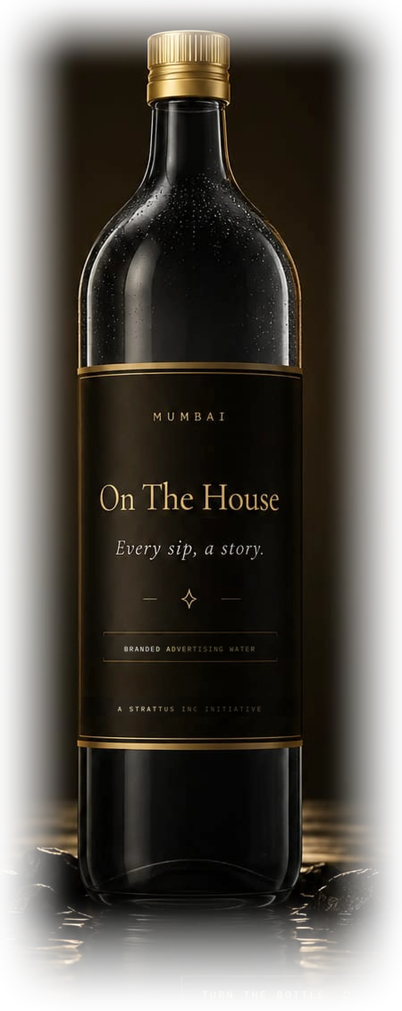 An On The House bottle, gold cap and gold-framed label, on a wet reflective surface